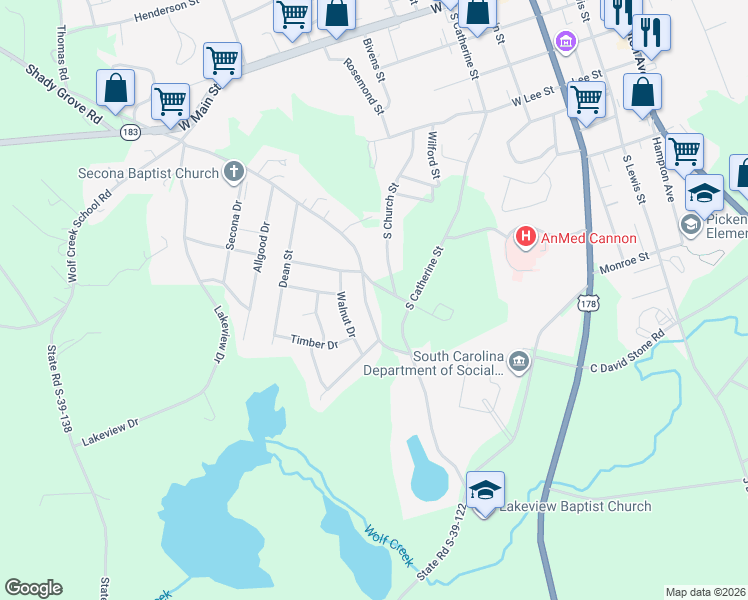 map of restaurants, bars, coffee shops, grocery stores, and more near 208 Walnut Drive in Pickens