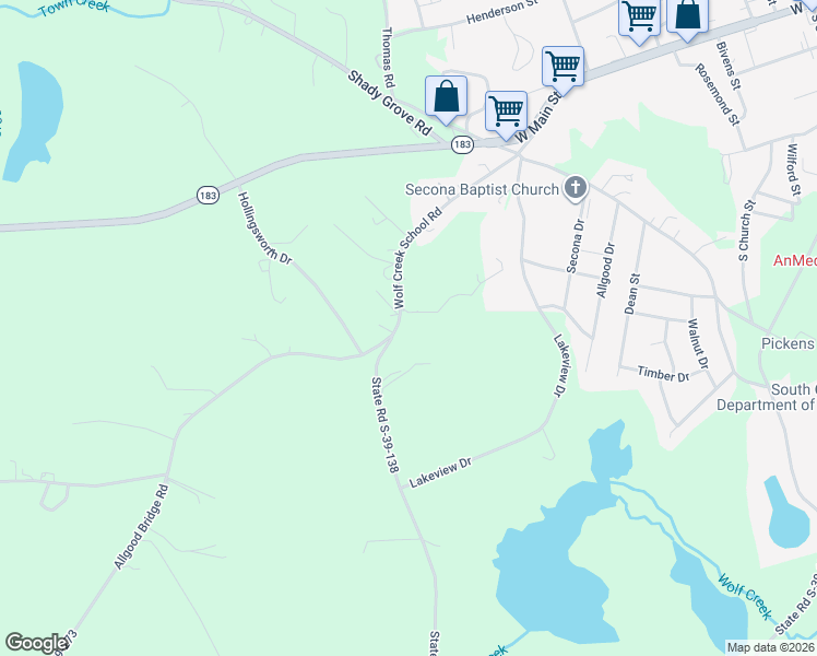 map of restaurants, bars, coffee shops, grocery stores, and more near 533 Wolf Creek School Road in Pickens