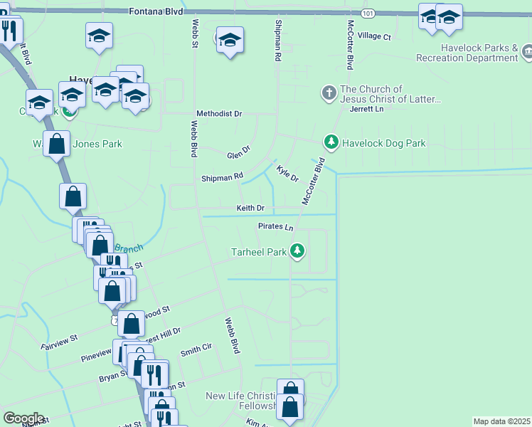 map of restaurants, bars, coffee shops, grocery stores, and more near 128 Keith Drive in Havelock