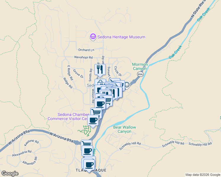map of restaurants, bars, coffee shops, grocery stores, and more near 371 Cedar Street in Sedona
