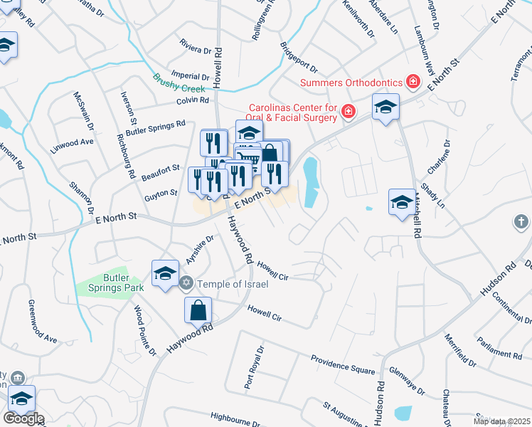 map of restaurants, bars, coffee shops, grocery stores, and more near 3706 East North Street in Greenville