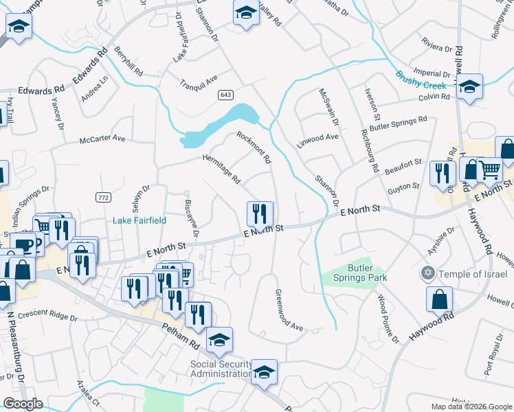 map of restaurants, bars, coffee shops, grocery stores, and more near 3007 East North Street in Greenville
