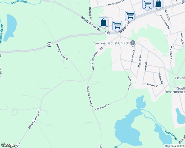 map of restaurants, bars, coffee shops, grocery stores, and more near 533 Wolf Creek School Road in Pickens