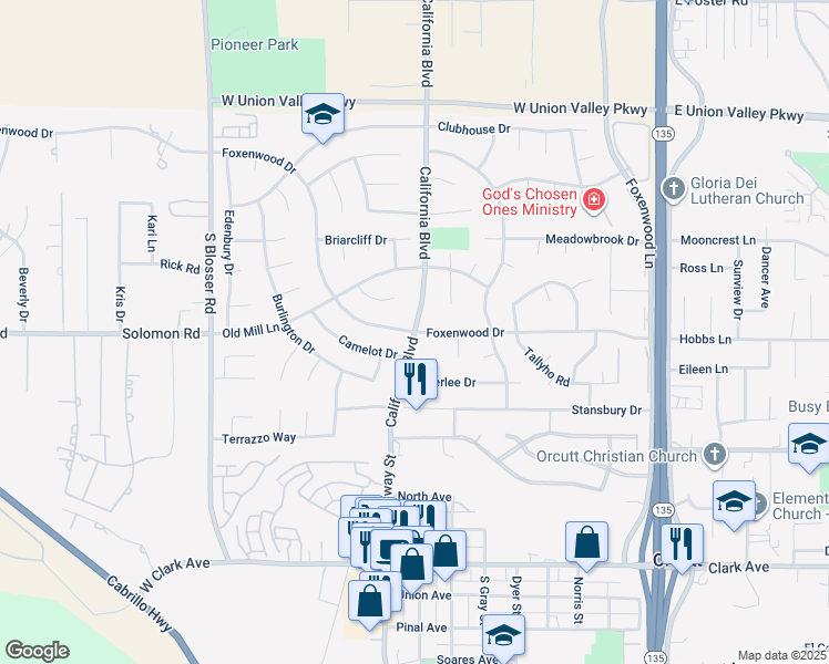 map of restaurants, bars, coffee shops, grocery stores, and more near California Boulevard & Foxenwood Drive in Santa Maria