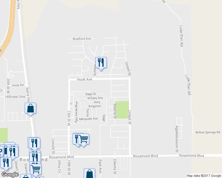 map of restaurants, bars, coffee shops, grocery stores, and more near 3533 Fernwood Street in Rosamond