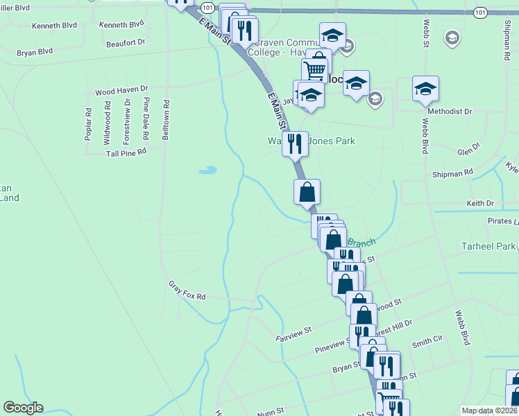map of restaurants, bars, coffee shops, grocery stores, and more near 122 Oakwood Drive in Havelock