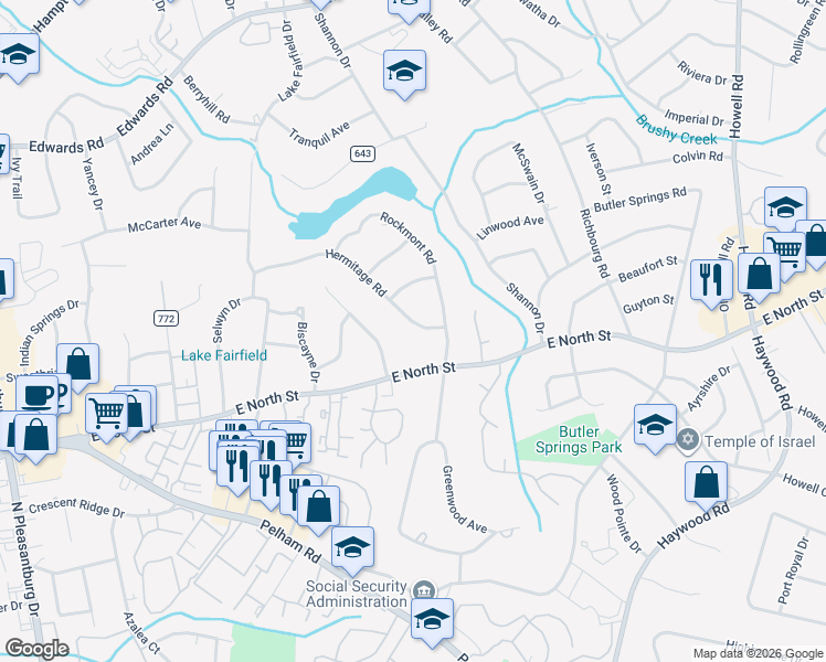 map of restaurants, bars, coffee shops, grocery stores, and more near 3007 East North Street in Greenville