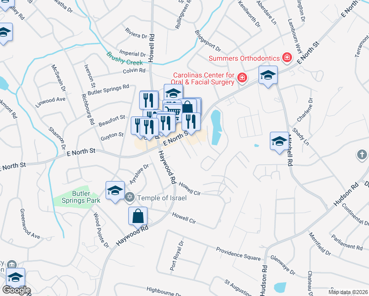 map of restaurants, bars, coffee shops, grocery stores, and more near 3800 East North Street in Greenville