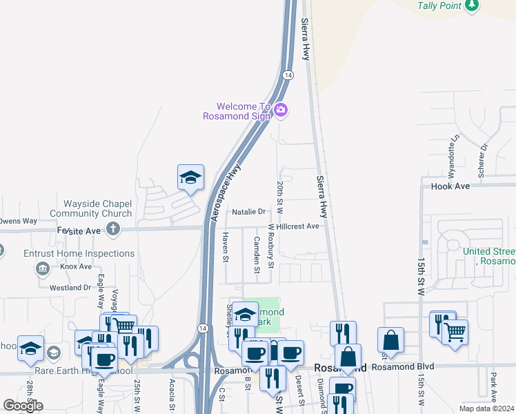 map of restaurants, bars, coffee shops, grocery stores, and more near 2085 Natalie Drive in Rosamond