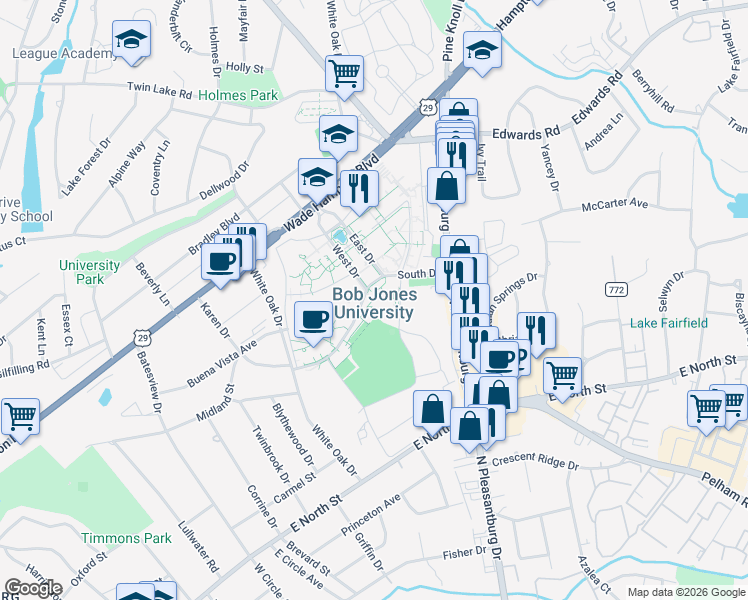 map of restaurants, bars, coffee shops, grocery stores, and more near 1700 Wade Hampton Boulevard in Greenville