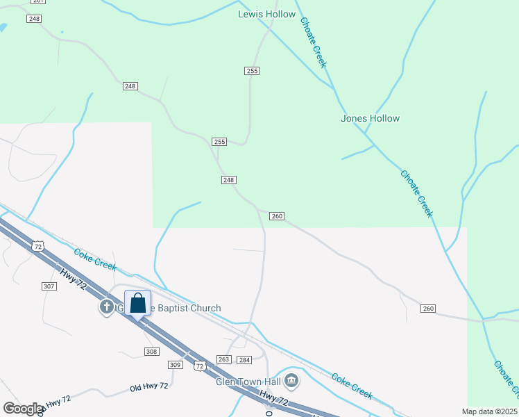 map of restaurants, bars, coffee shops, grocery stores, and more near 206 County Road 248 in Glen