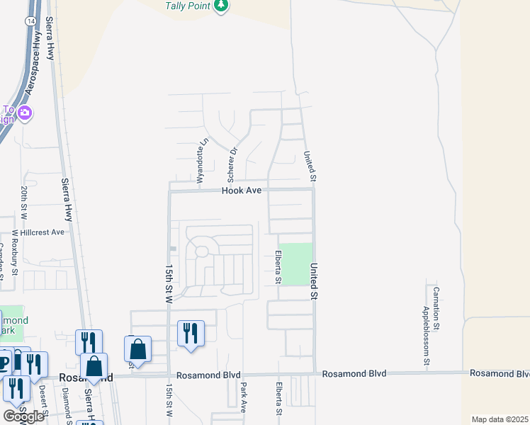 map of restaurants, bars, coffee shops, grocery stores, and more near 3533 Fernwood Street in Rosamond