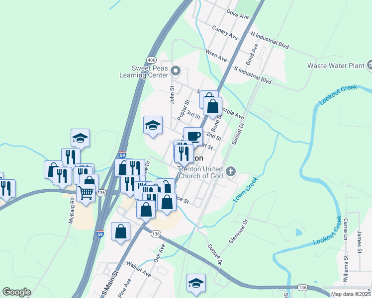 map of restaurants, bars, coffee shops, grocery stores, and more near Court Street in Trenton