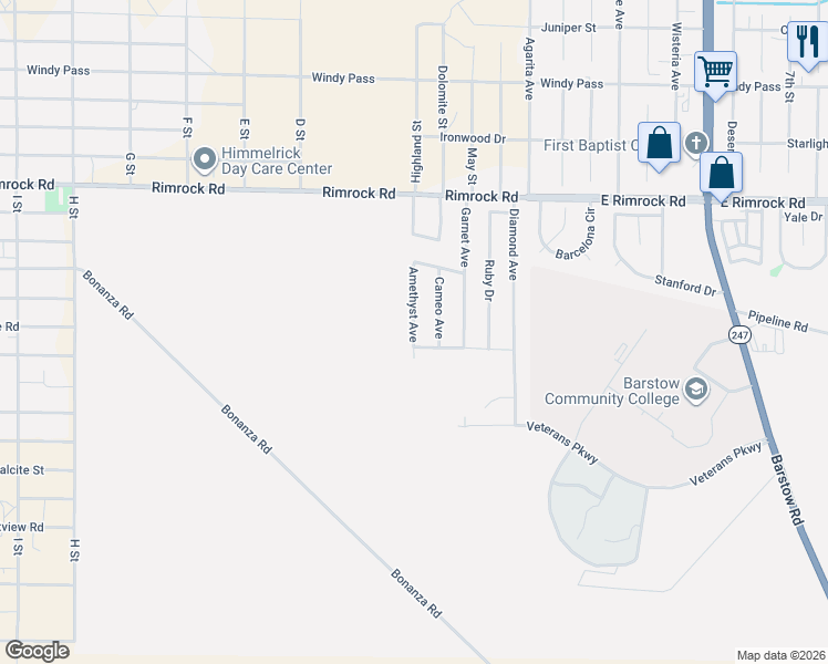 map of restaurants, bars, coffee shops, grocery stores, and more near 2268 Amethyst Avenue in Barstow