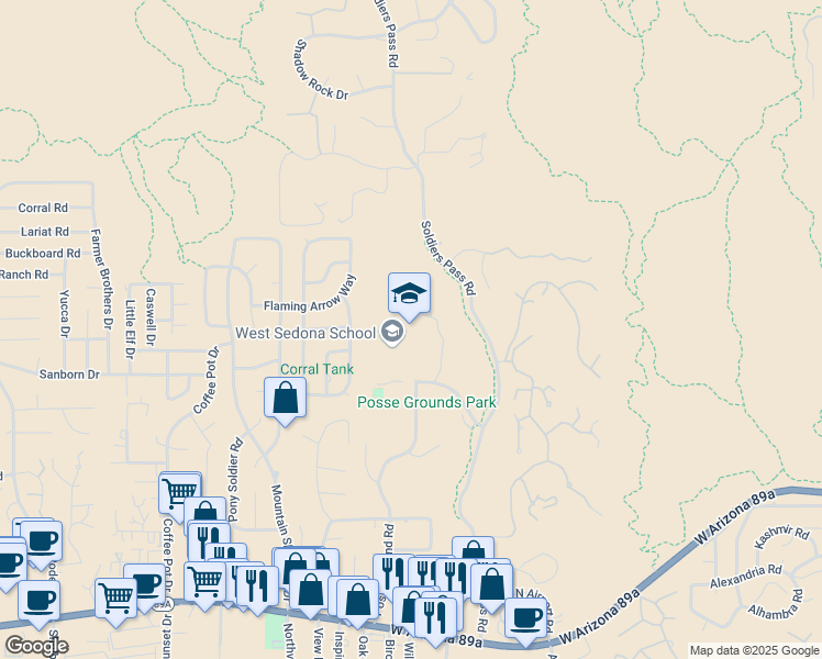 map of restaurants, bars, coffee shops, grocery stores, and more near 570 Posse Ground Road in Sedona