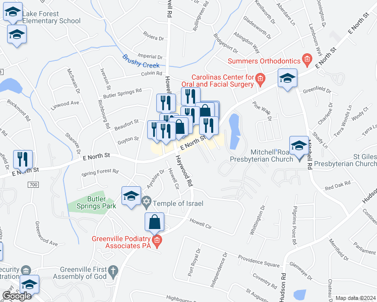 map of restaurants, bars, coffee shops, grocery stores, and more near 3706 East North Street in Greenville