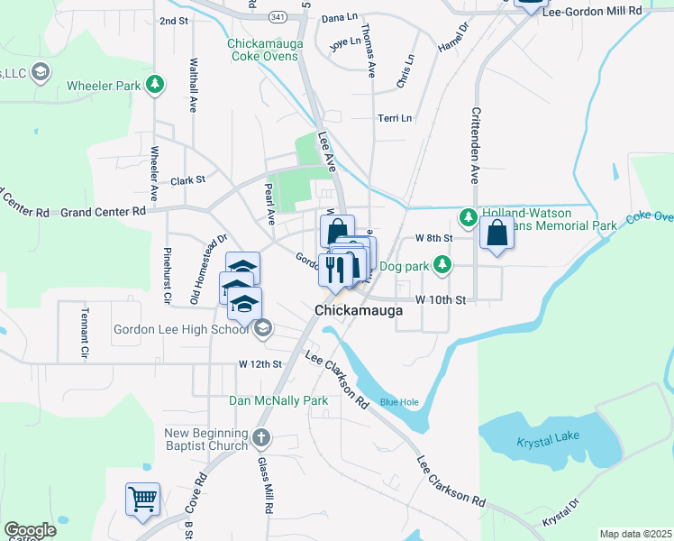 map of restaurants, bars, coffee shops, grocery stores, and more near 126 Gordon Street in Chickamauga