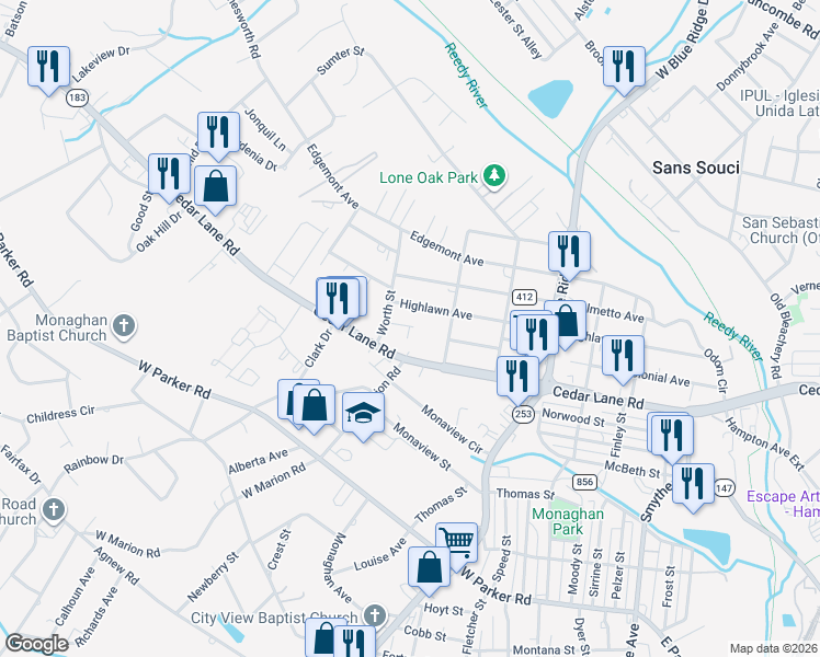 map of restaurants, bars, coffee shops, grocery stores, and more near 1010 Cedar Lane Road in Greenville