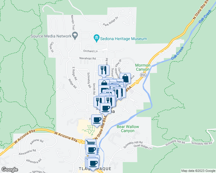 map of restaurants, bars, coffee shops, grocery stores, and more near 410 Jordan Road in Sedona