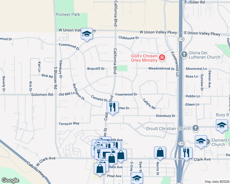 map of restaurants, bars, coffee shops, grocery stores, and more near 815 Foxenwood Drive in Orcutt
