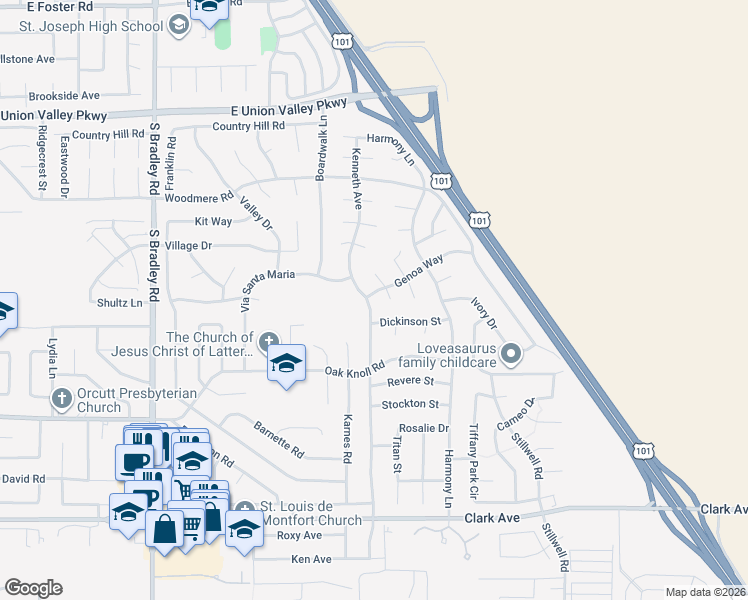 map of restaurants, bars, coffee shops, grocery stores, and more near 1400 Genoa Way in Santa Maria