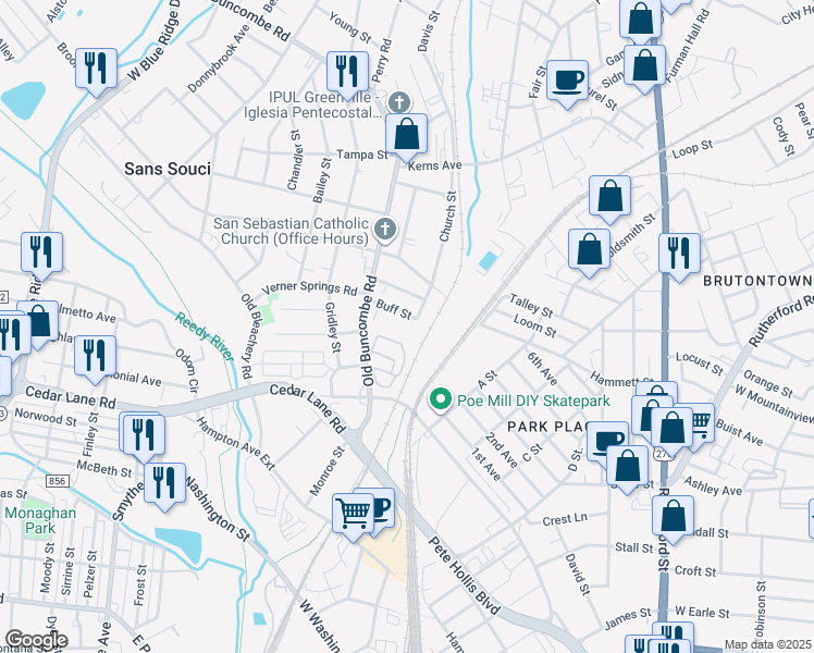 map of restaurants, bars, coffee shops, grocery stores, and more near 8 Sizemore Street in Greenville