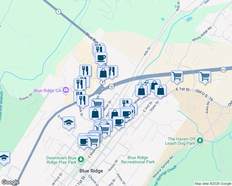 map of restaurants, bars, coffee shops, grocery stores, and more near 4223 Appalachian Highway in Blue Ridge