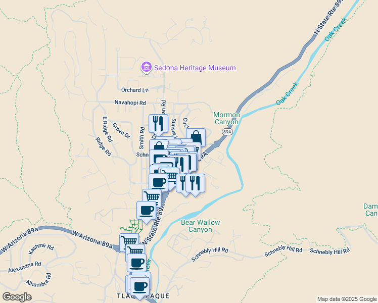 map of restaurants, bars, coffee shops, grocery stores, and more near 10 Sunrise Avenue in Sedona