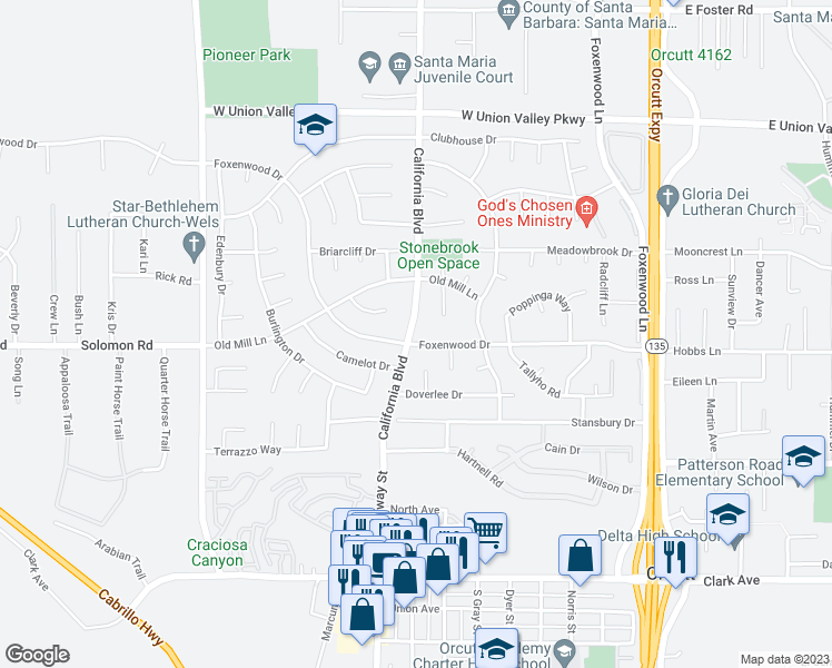 map of restaurants, bars, coffee shops, grocery stores, and more near 815 Foxenwood Drive in Orcutt