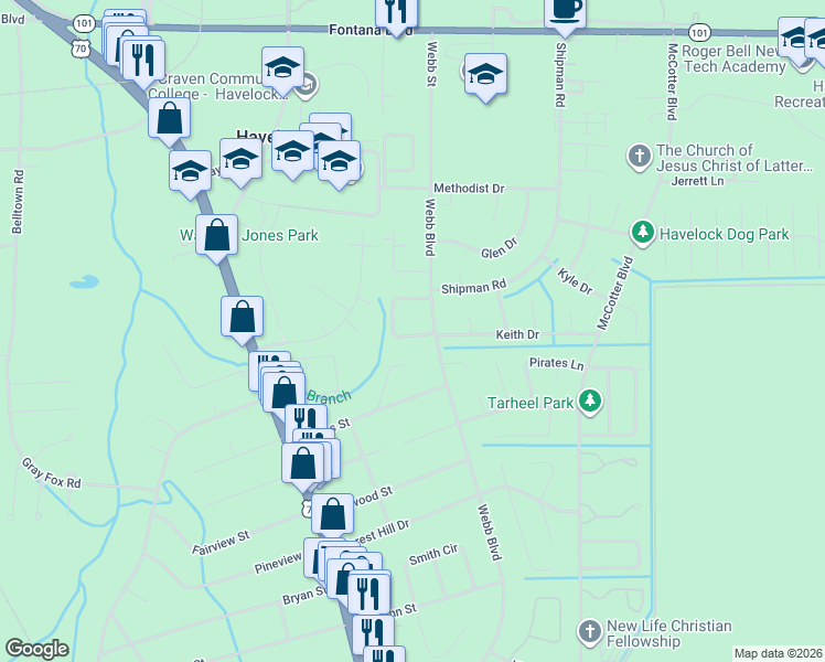 map of restaurants, bars, coffee shops, grocery stores, and more near 107 Twin Wood Drive in Havelock