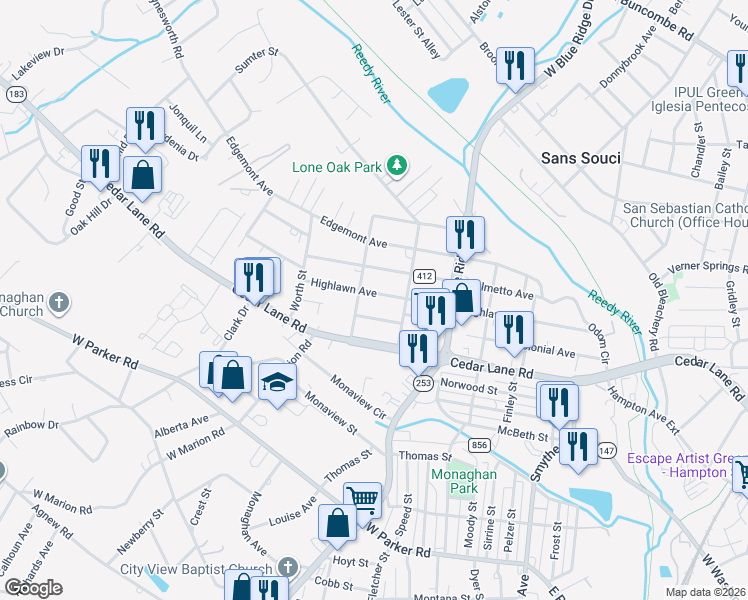 map of restaurants, bars, coffee shops, grocery stores, and more near 410 Highlawn Avenue in Greenville