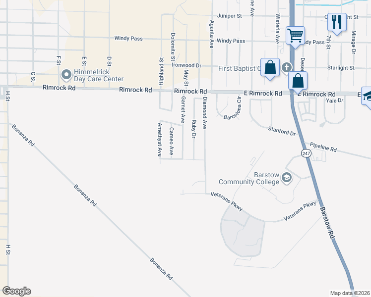 map of restaurants, bars, coffee shops, grocery stores, and more near 2170 Ruby Drive in Barstow