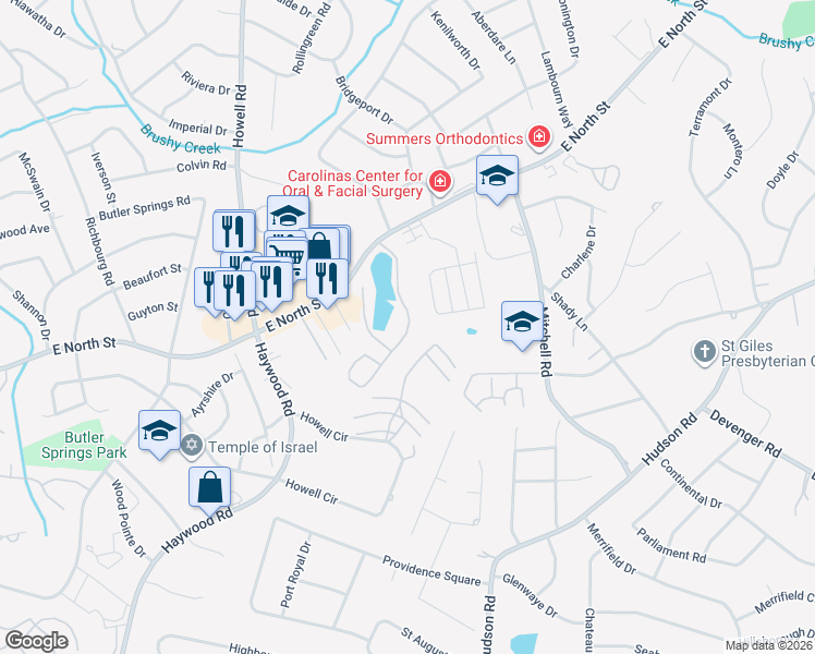 map of restaurants, bars, coffee shops, grocery stores, and more near 350 Juniper Bend Circle in Greenville