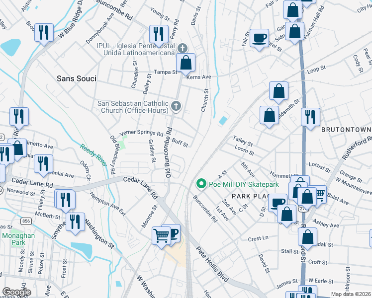 map of restaurants, bars, coffee shops, grocery stores, and more near 8 Sizemore Street in Greenville