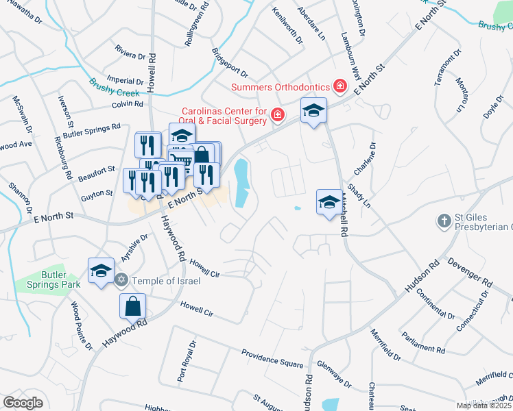 map of restaurants, bars, coffee shops, grocery stores, and more near 350 Juniper Bend Circle in Greenville