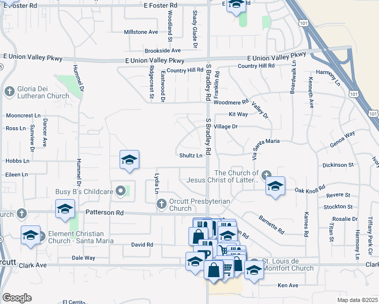 map of restaurants, bars, coffee shops, grocery stores, and more near 1055 Village Drive in Orcutt