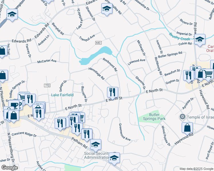 map of restaurants, bars, coffee shops, grocery stores, and more near 302 Hermitage Road in Greenville