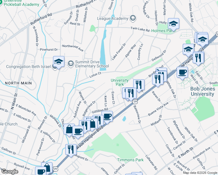 map of restaurants, bars, coffee shops, grocery stores, and more near 15161 Ashford Avenue in Greenville