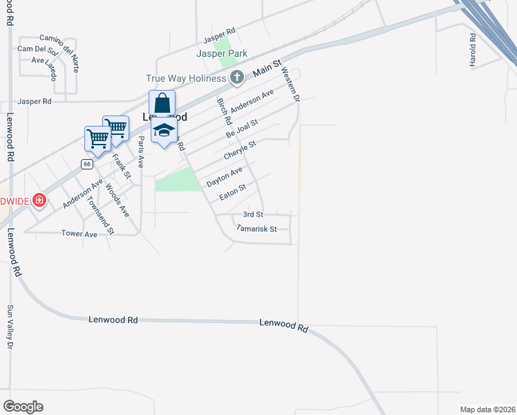 map of restaurants, bars, coffee shops, grocery stores, and more near 34249 Birch Road in Barstow