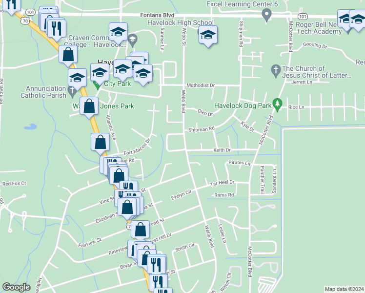 map of restaurants, bars, coffee shops, grocery stores, and more near 139 Twin Wood Drive in Havelock