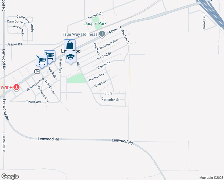 map of restaurants, bars, coffee shops, grocery stores, and more near 34249 Birch Road in Barstow