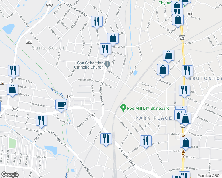 map of restaurants, bars, coffee shops, grocery stores, and more near 8 Sizemore Street in Greenville