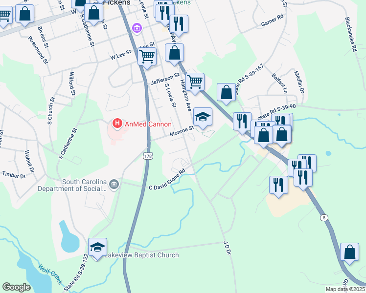 map of restaurants, bars, coffee shops, grocery stores, and more near 35 Northway Drive in Pickens