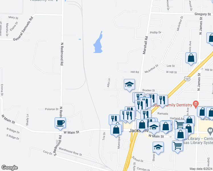 map of restaurants, bars, coffee shops, grocery stores, and more near 604 Alta Lane in Jacksonville