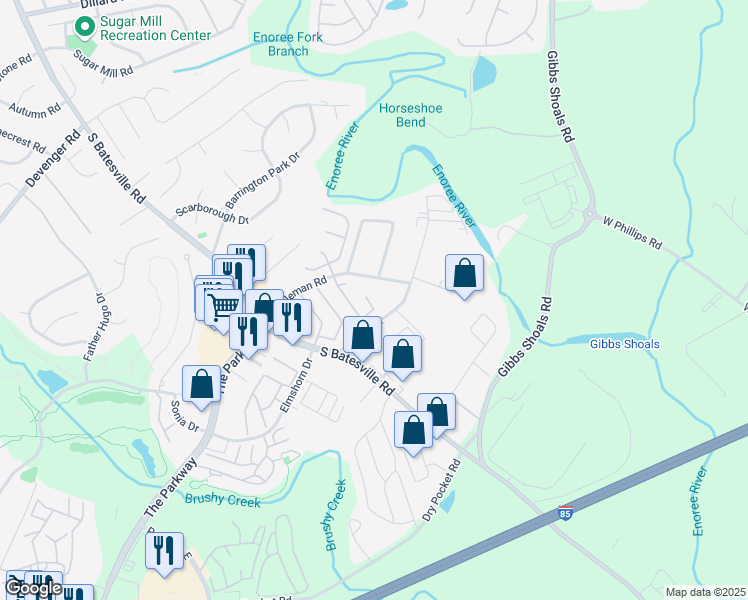 map of restaurants, bars, coffee shops, grocery stores, and more near 318 Rockbrook Court in Greer