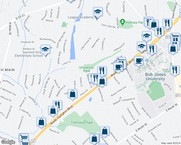 map of restaurants, bars, coffee shops, grocery stores, and more near 40 Brookside Circle in Greenville