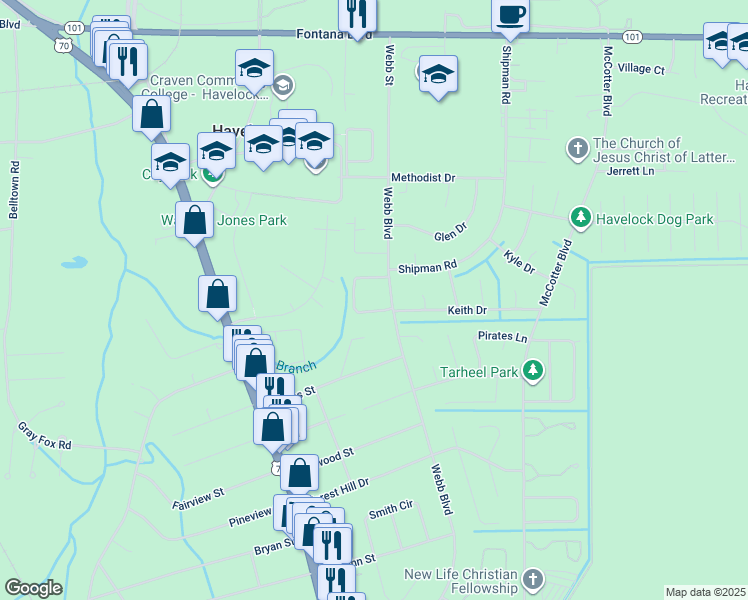 map of restaurants, bars, coffee shops, grocery stores, and more near 107 Twin Wood Drive in Havelock