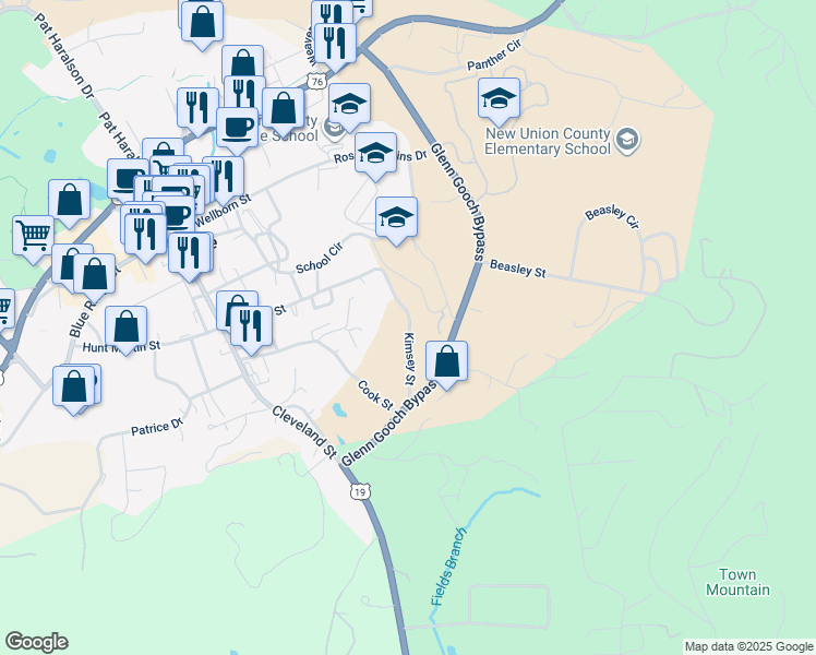 map of restaurants, bars, coffee shops, grocery stores, and more near 497 Kimsey Street in Blairsville
