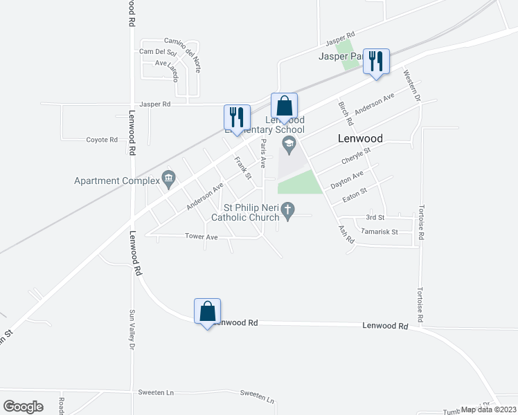 map of restaurants, bars, coffee shops, grocery stores, and more near 34262 Paris Avenue in Barstow