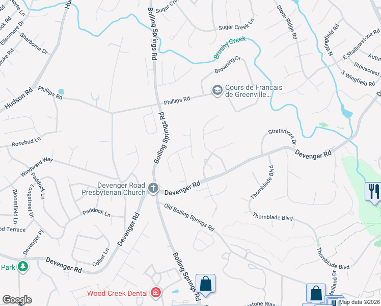 map of restaurants, bars, coffee shops, grocery stores, and more near 207 Wycliffe Drive in Greer